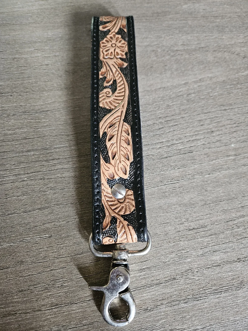 Handtooled Floral Genuine Leather Tan & Black Key Fob Turquoise Concho -NWOT